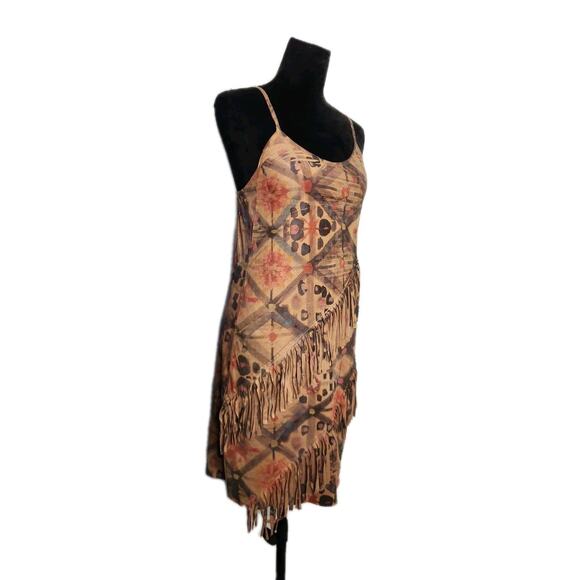 Y2K Kimika Ethnic Tribal Faux suede Shift Mini Dress w/ Fringe Euro Summer M - Picture 2 of 9